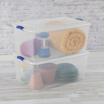 Sterilite 105 Quart Latch Box, Clear Plastic Storage Bin with Clear Lid, Blue, 4 Count