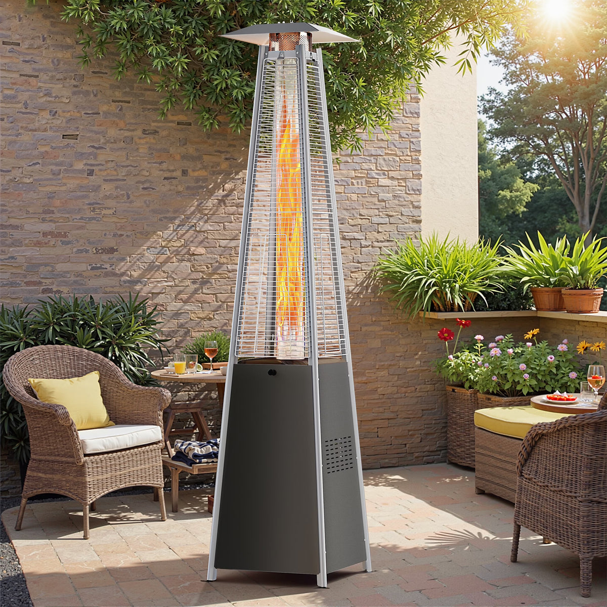 Segmart 48,000 BTU Pyramid Patio Heater, Tall Standing Outdoor Propane Heater with Wheels & Tip-Over Safety Protection, Visible Flame Glass Tube for Backyard, Garden, Commercial Use - Gray