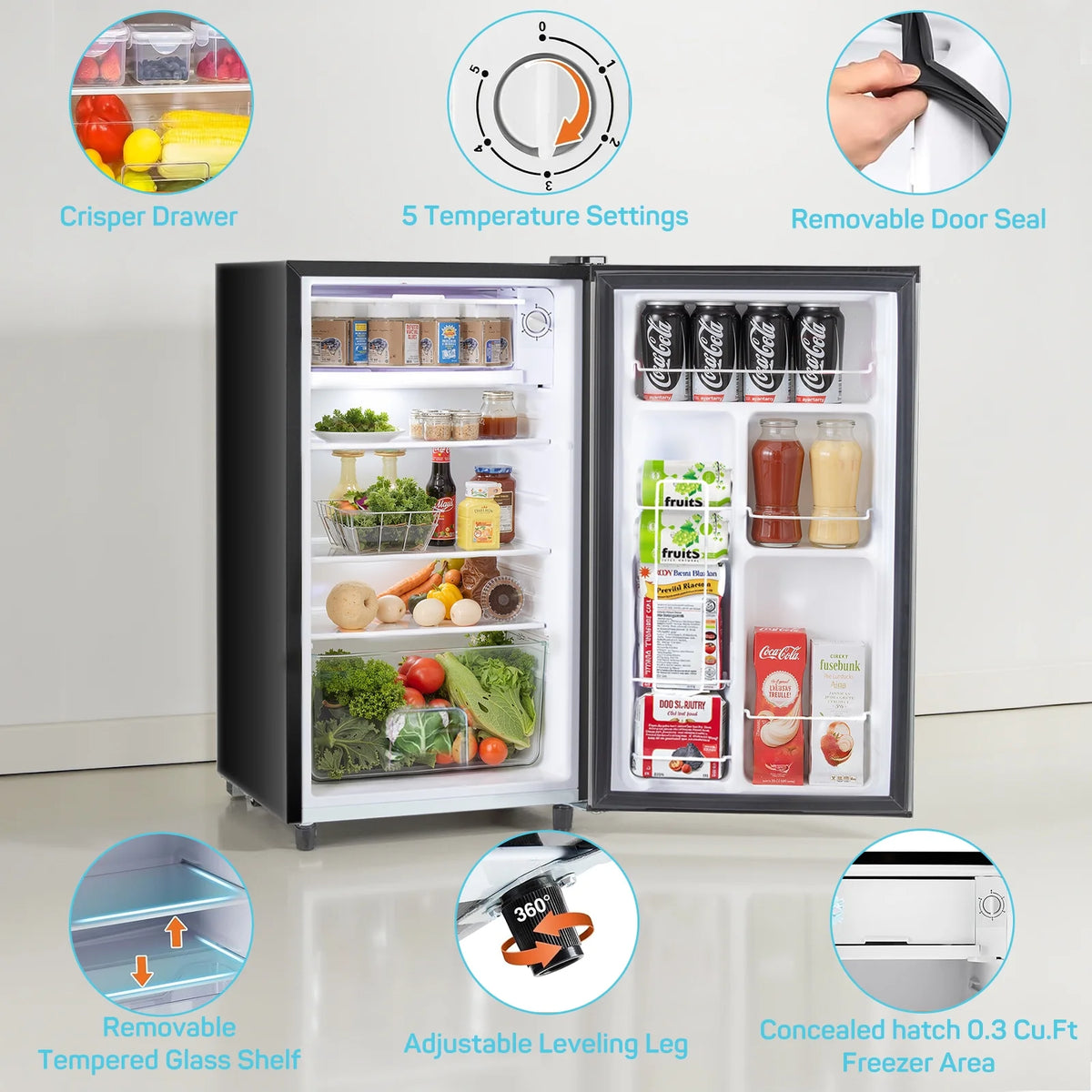 TINKLE WELL 3.2 Cu Ft Mini Fridge with Freezer, Compact Single Door Refrigerator, Energy Efficient, Low Noise, Adjustable Thermostat for Bedroom, Dorm, Office, silver