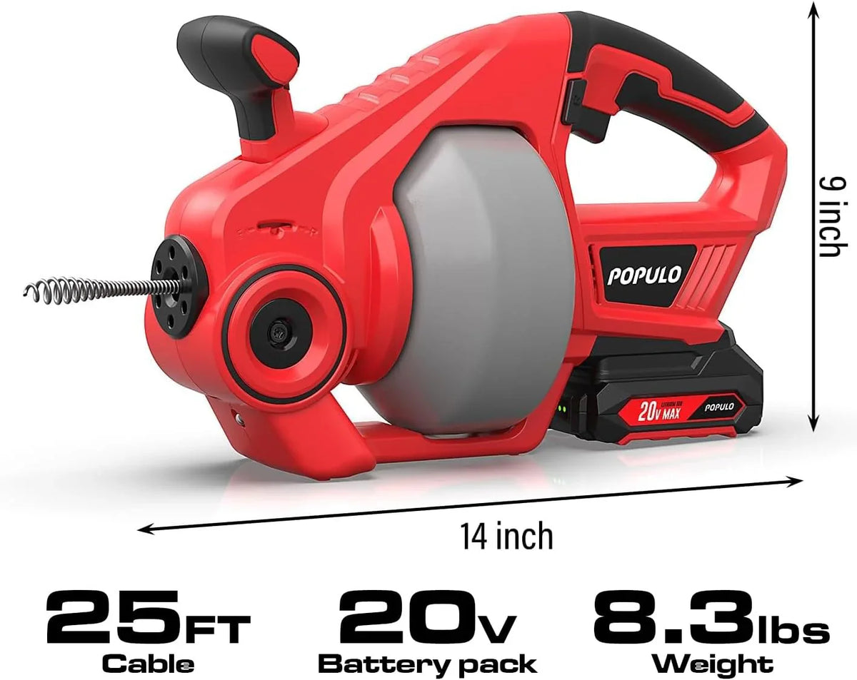 20V Cordless Electric Drain Auger-Efficient 25Ft Auto-Feed Drain Snake with Replaceable Cable,2.0Ah Battery,Charger,Storage Bag & Gloves for Kitchen,Bathroom,Shower Pipes (3/4"-2")"
