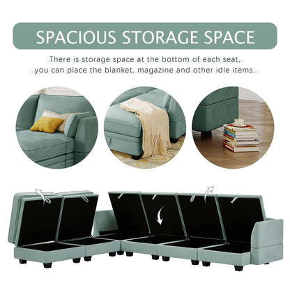 Euroco Large U-Shaped Sectional Sofa 6 Seat Convertible Sofa with Storage Seat, Modular Sofa with 2 Stools, Green