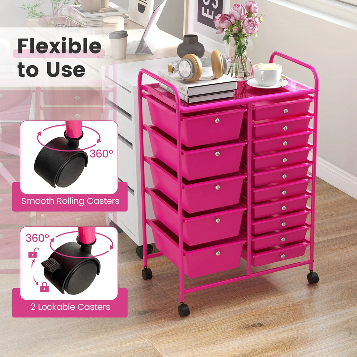Costway 15 Drawer Rolling Storage Cart Tools Scrapbook Paper Office School Organizer White