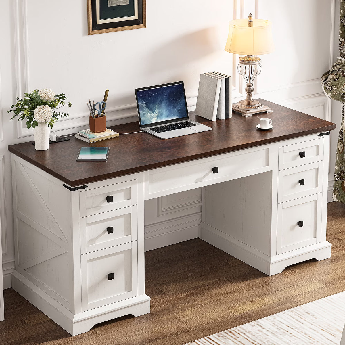 EnHomee Farmhouse Desk with Drawers, Wood Home Office Desk with Charging Station, Antique White
