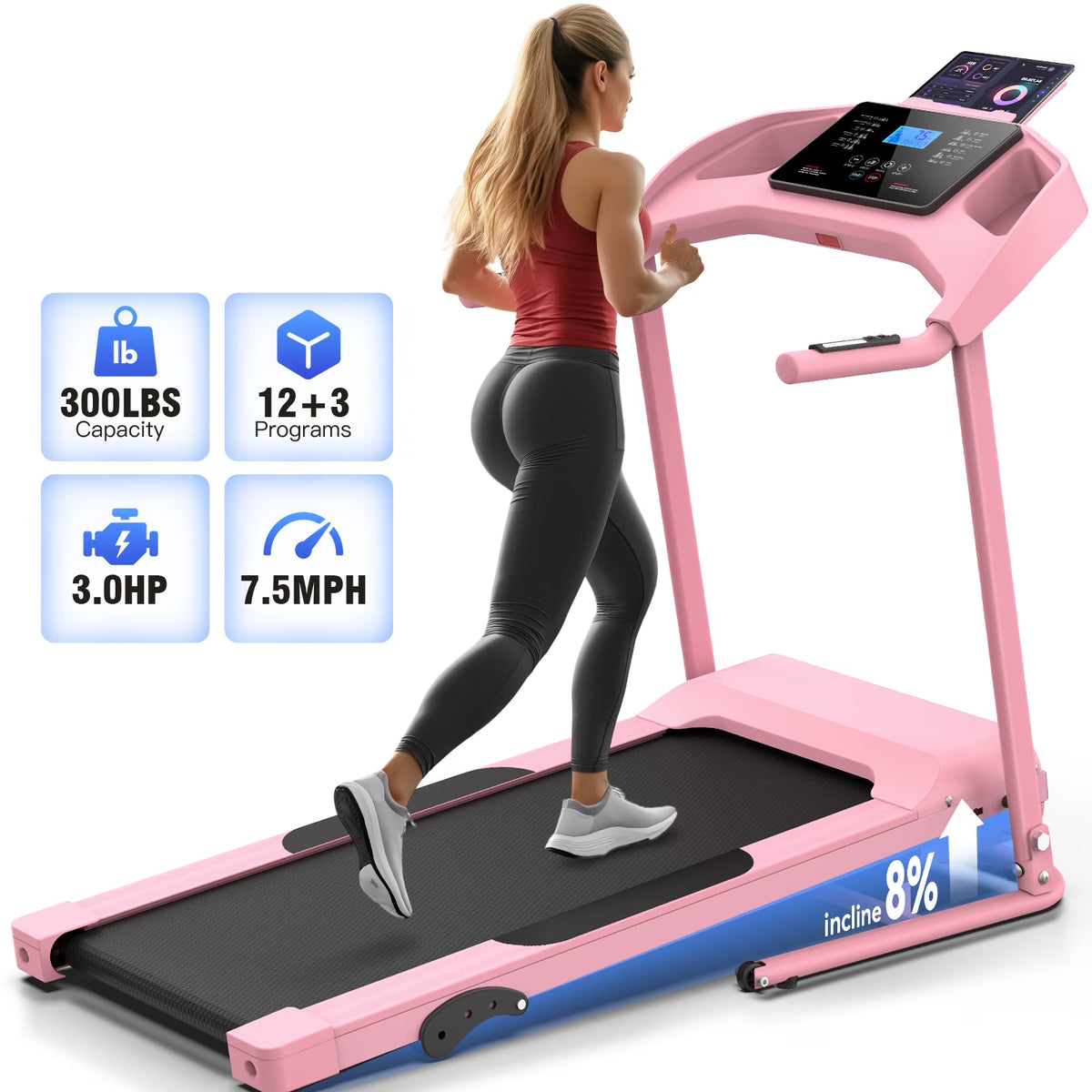 Treadmill with 8% Incline, 3.0 HP Foldable Compact Treadmill with Sit-up Function, 300 lbs Walking Running Treadmill with LCD Display for Exercise, 12 Programs