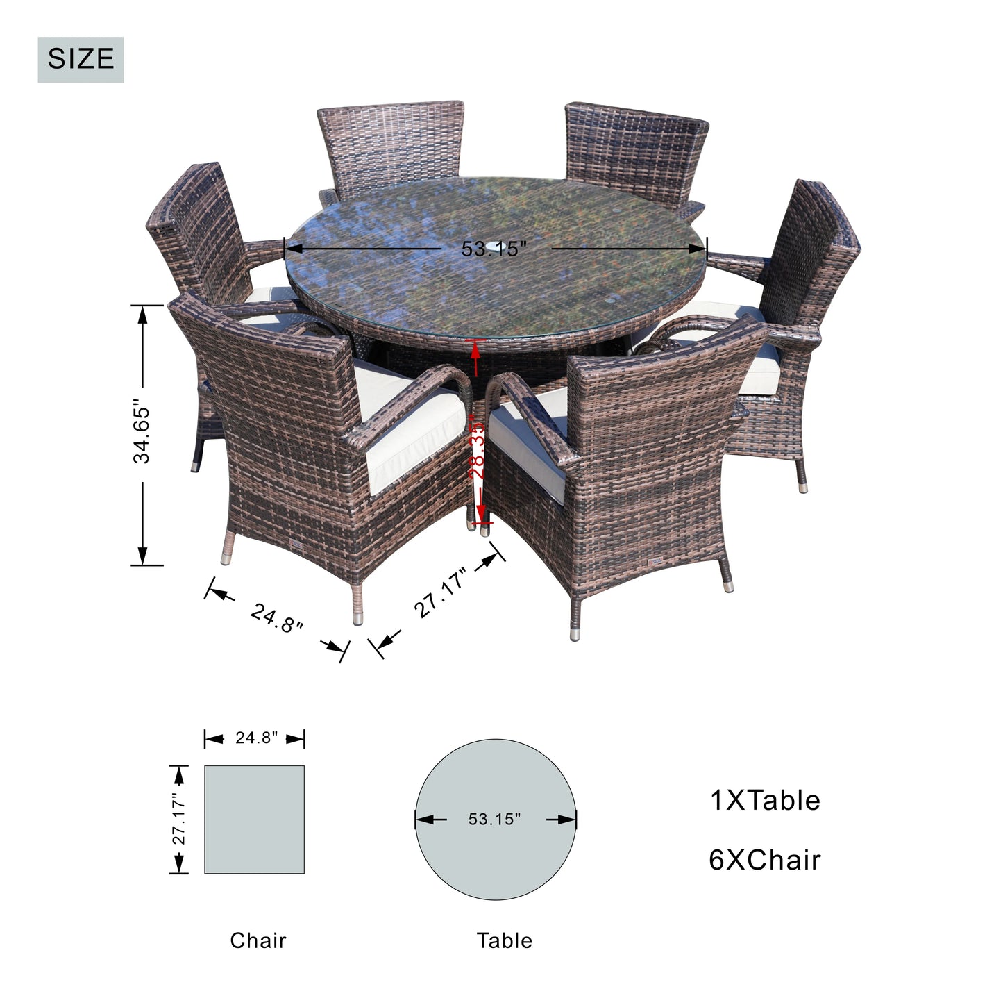 Direct Wicker 7 Piece Patio Dining Set with Rattan Chairs and Cushions, Grey