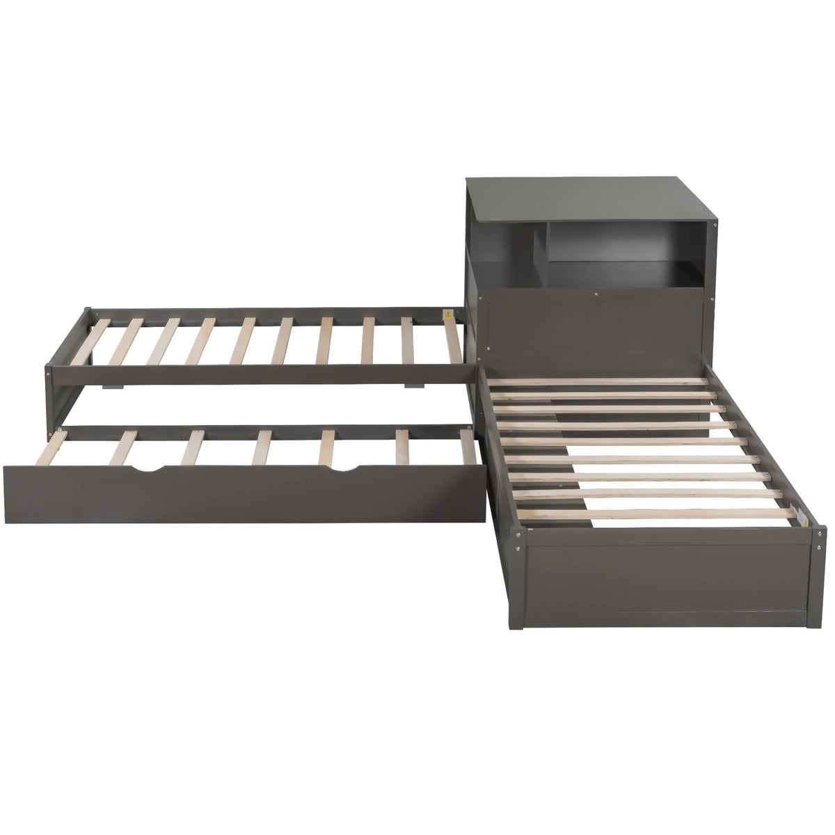Euroco Pine Wood L-Shaped Twin Platform Bed with Storage Desk, Cabinets, Trundle and LED Light for Kids Teens, Gray