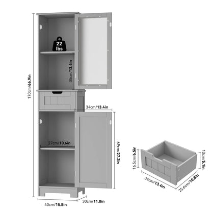 Homfa Bathroom Storage Tower, Narrow Linen Cabinet with Door and Drawers, Tall Bathroom Storage Cabinet for Small Spaces, White