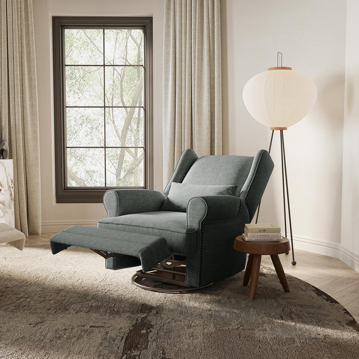 Royalcraft Swivel Nursery Glider Recliner, Comfy Upholstered Glider Chair with Lumbar Pillow and Footrest, Beige