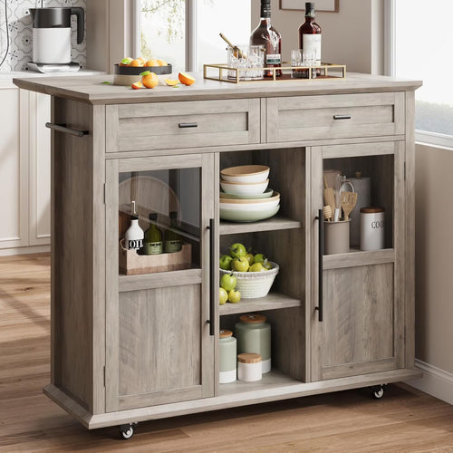 WALYWIK Foldable Kitchen Island Cart with Wheels, 2 Glass Doors, Spice Rack & Towel Holder �C Compact Mobile Storage Cart for Small Kitchens, Dining Rooms, Camping & RVs - Grey