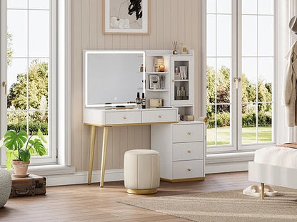 Linsy Home Large 47.2" Makeup Vanity With Mirror And 11 Lights, Glass Top Vanity Desk with 9 Drawers & 2 Adjustable Cabinets, Dressing Table with Charging Station & Hair Dryer Rack For Bedroom, White