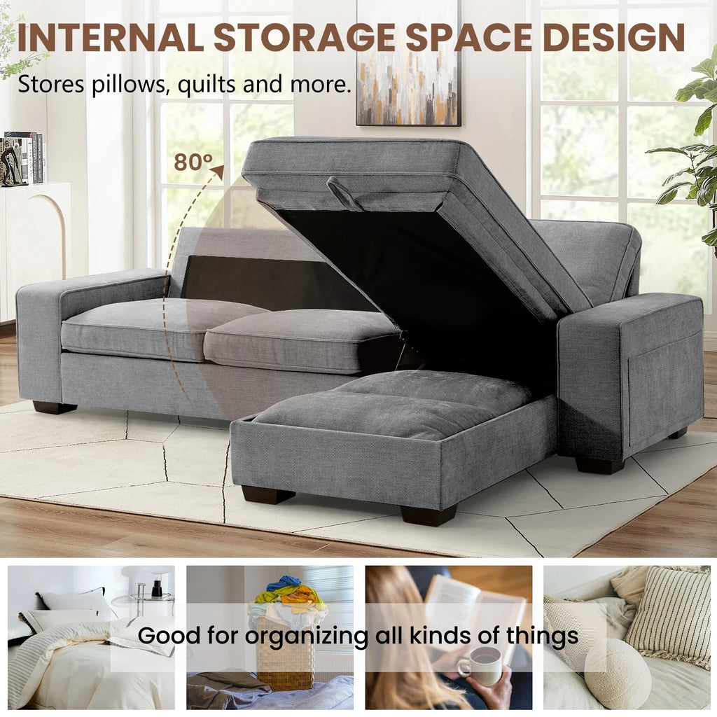 ASHOMELI 99'' Convertible Sectional Sofa,L Shaped Couch,Multi-Functional Reversible Sofa with USB and Type-C Charging Ports, Storage Space, Breathable Fabric