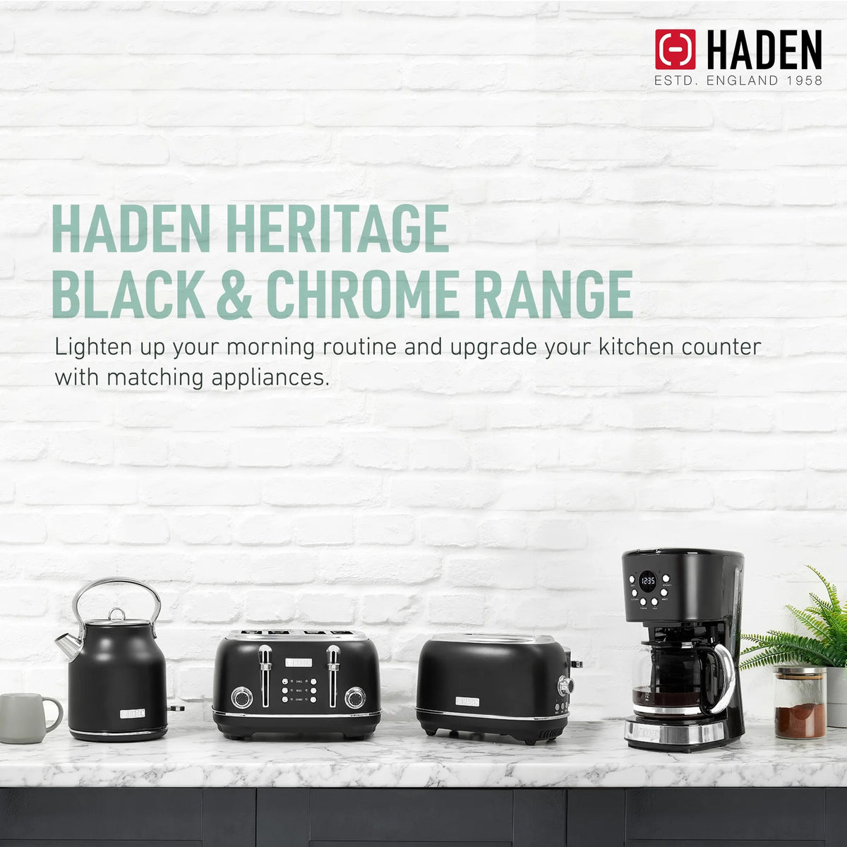 Haden Heritage 1500 1.7 Electric Kettle, Matte Black Finish with Copper Accents
