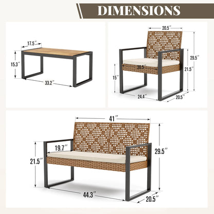 MF Studio 4-Piece All-Weather Rattan Patio Furniture Set, Outdoor Conversation Set with Wood Table, Brown and Beige
