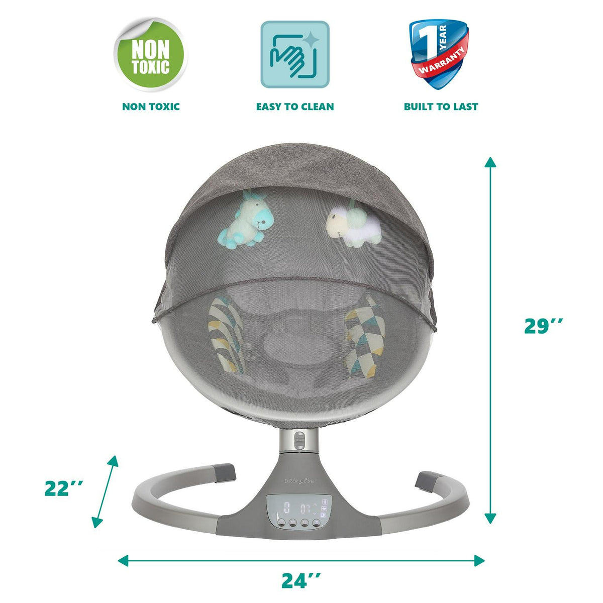 Dream On Me Zazu Baby Swing. Baby Swing for Infant. 5 - Swinging Speed. Two Attached Toys. Bluetooth Enabled and Remote Control. Grey and Blue