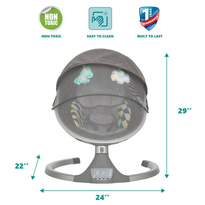 Dream On Me Zazu Baby Swing. Baby Swing for Infant. 5 - Swinging Speed. Two Attached Toys. Bluetooth Enabled and Remote Control. Grey and Blue