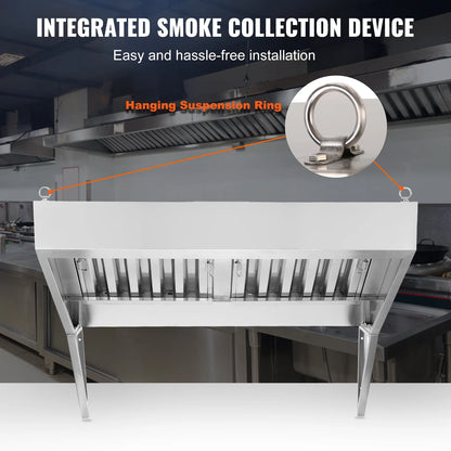 KFFKFF 4FT Commercial Exhaust Hood, Stainless Steel Exhaust Hood with 2 Removable U-shaped Grease Filters for Commercial Use, Suitable for Food Trucks and Concession Trailers, Restaurant Kitchens
