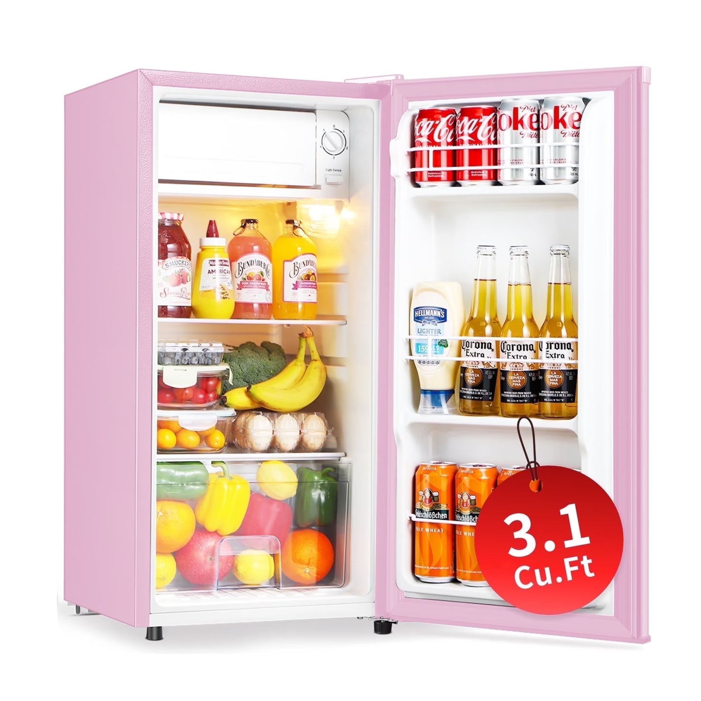 Kcpolre 3.1 Cu.Ft Mini Fridge with Freezer, Adjustable Thermostat, Removable Glass Shelves & Fruit Basket for Dorm Room, Office, Bedroom, Pink