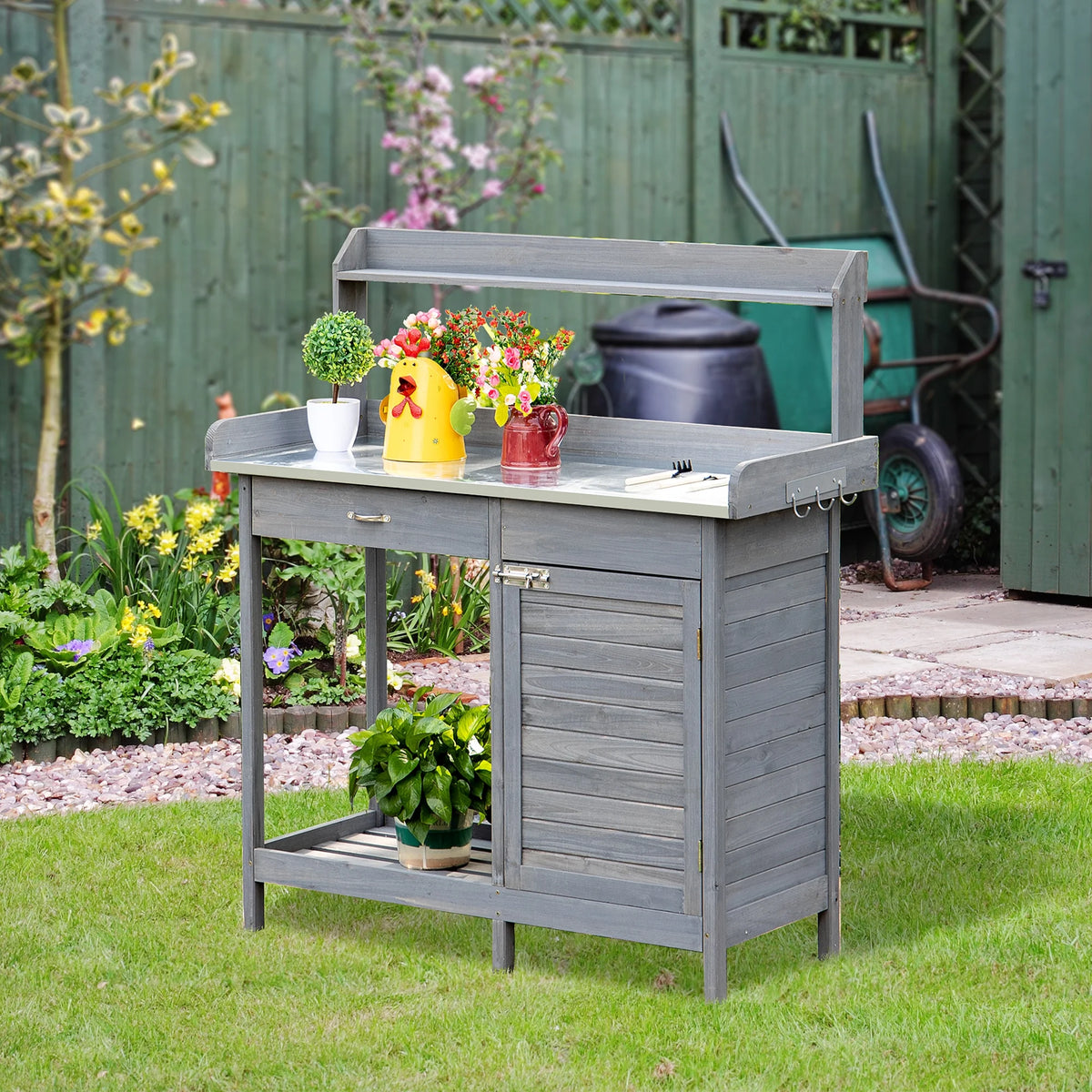 Outsunny Potting Bench Prep Table with Faucet, Sink, and Storage, Gray