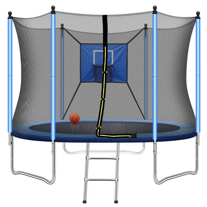 8FT Kids Recreational Trampoline with Basketball Hoop, Enclosure Net and 2 Steps Ladder for Indoor, Outdoor and Backyard, Blue