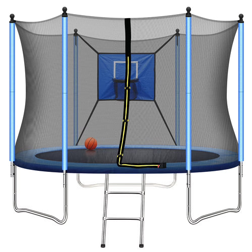 8FT Kids Recreational Trampoline with Basketball Hoop, Enclosure Net and 2 Steps Ladder for Indoor, Outdoor and Backyard, Blue