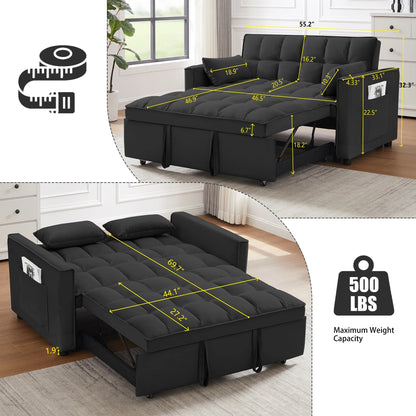 Convertible Sofa Bed,3-in-1 Sleeper Sofa with Pull Out Bed,Velvet Highly Elastic Sponge Futon Couch Loveseat with Adjustable Backrest and 2 Pillows for Living Room,Gray