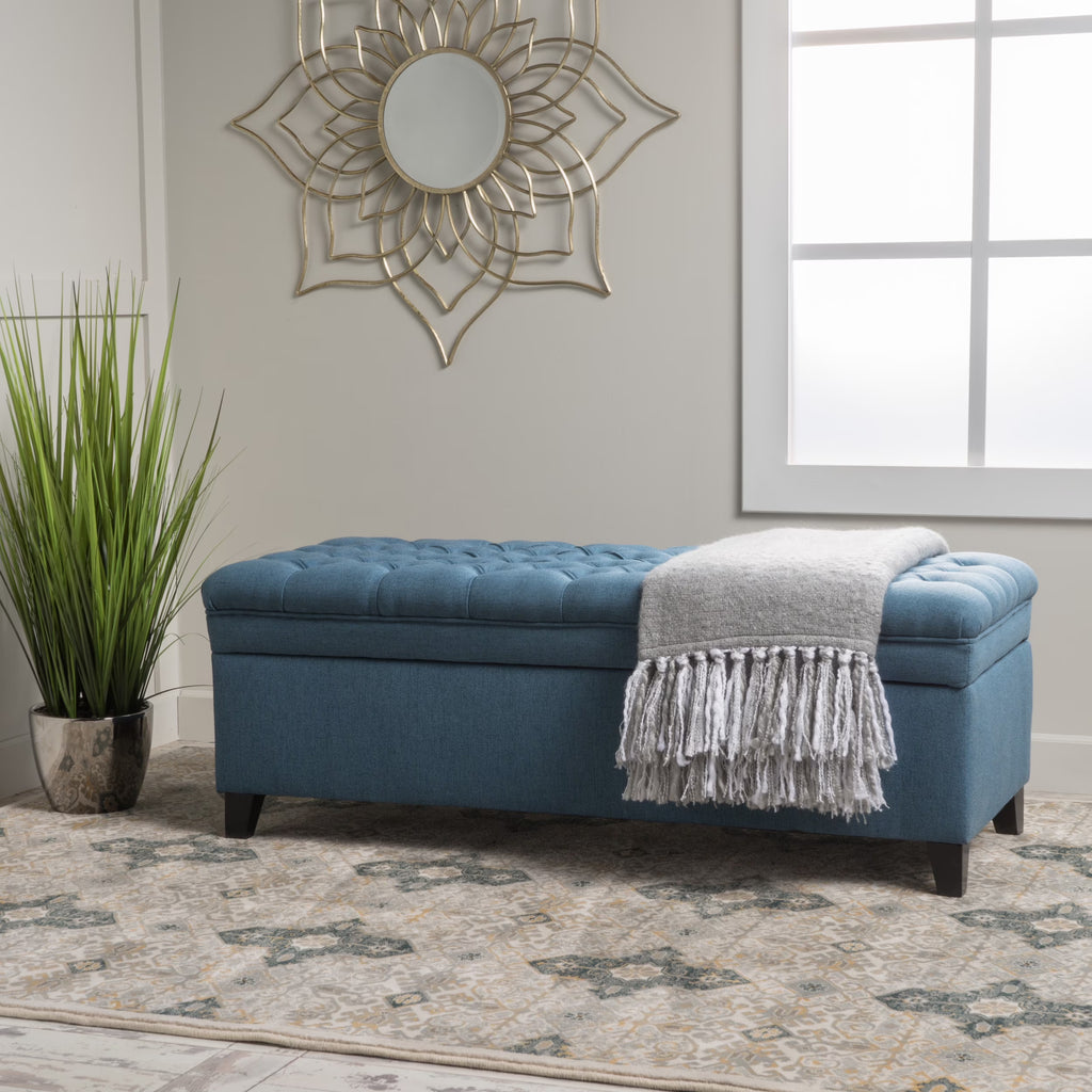 Noble House Hampton Contemporary Fabric Upholstered Storage Ottoman, White and Blue Floral