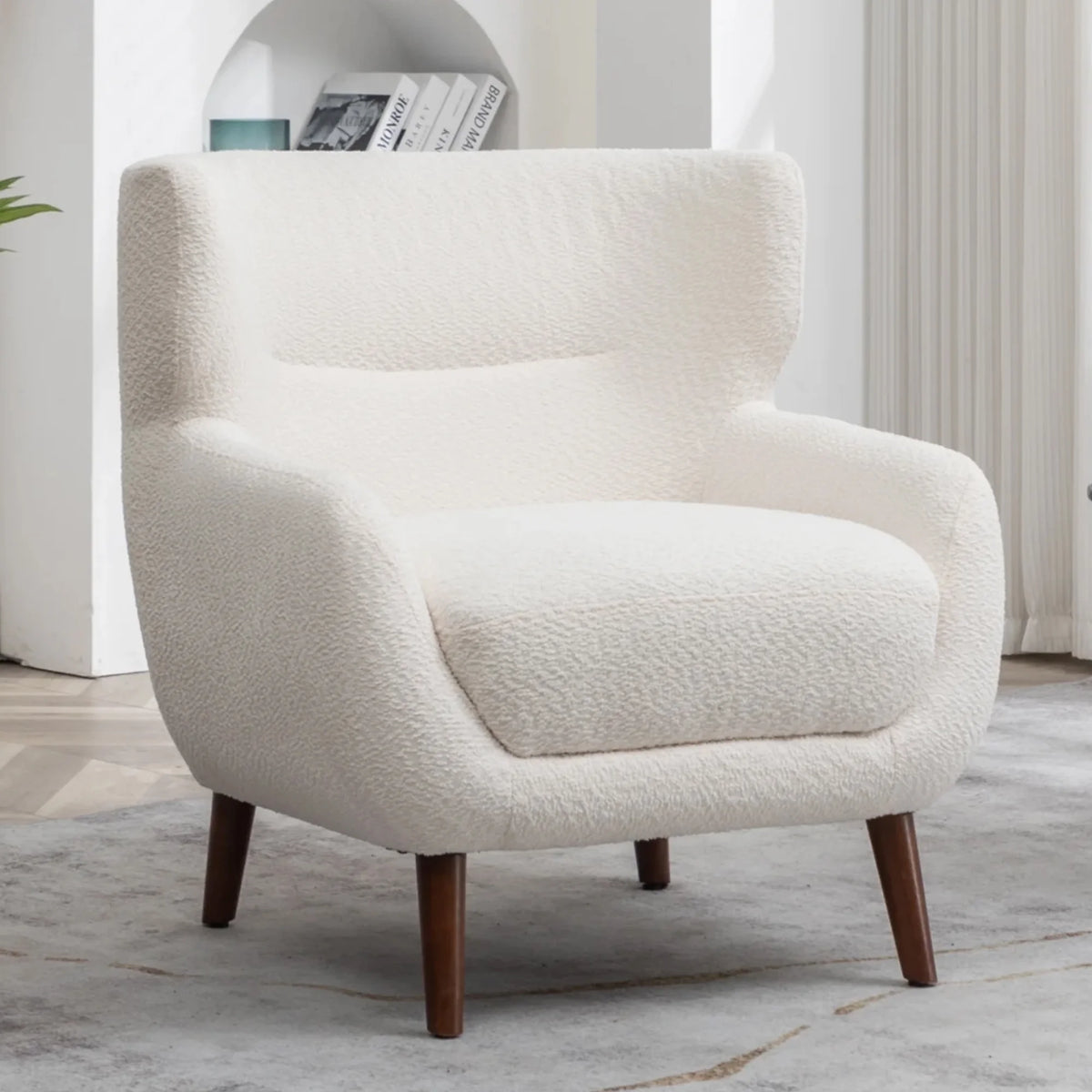 ALEAVIC White Accent Chair Upholstered Armchair with Solid Wood Legs