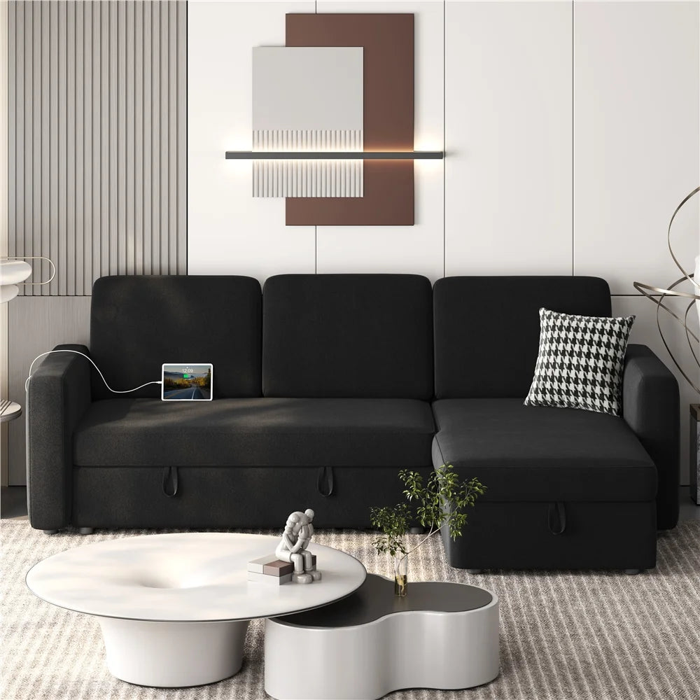 Alden Design Reversible Sectional Sofa with USB & Type-C Ports for Livingroom, Light Gray