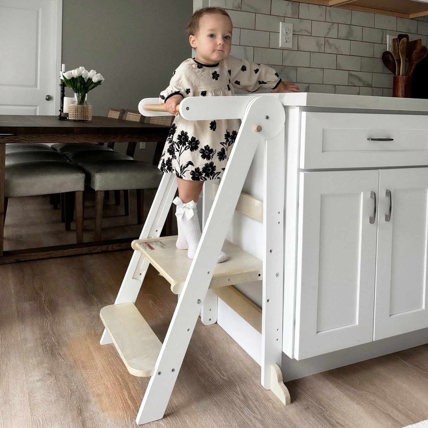 HARPPA Foldable Toddler Kitchen Tower, Standing Tower for Kids Age 1.5-6 Years, White