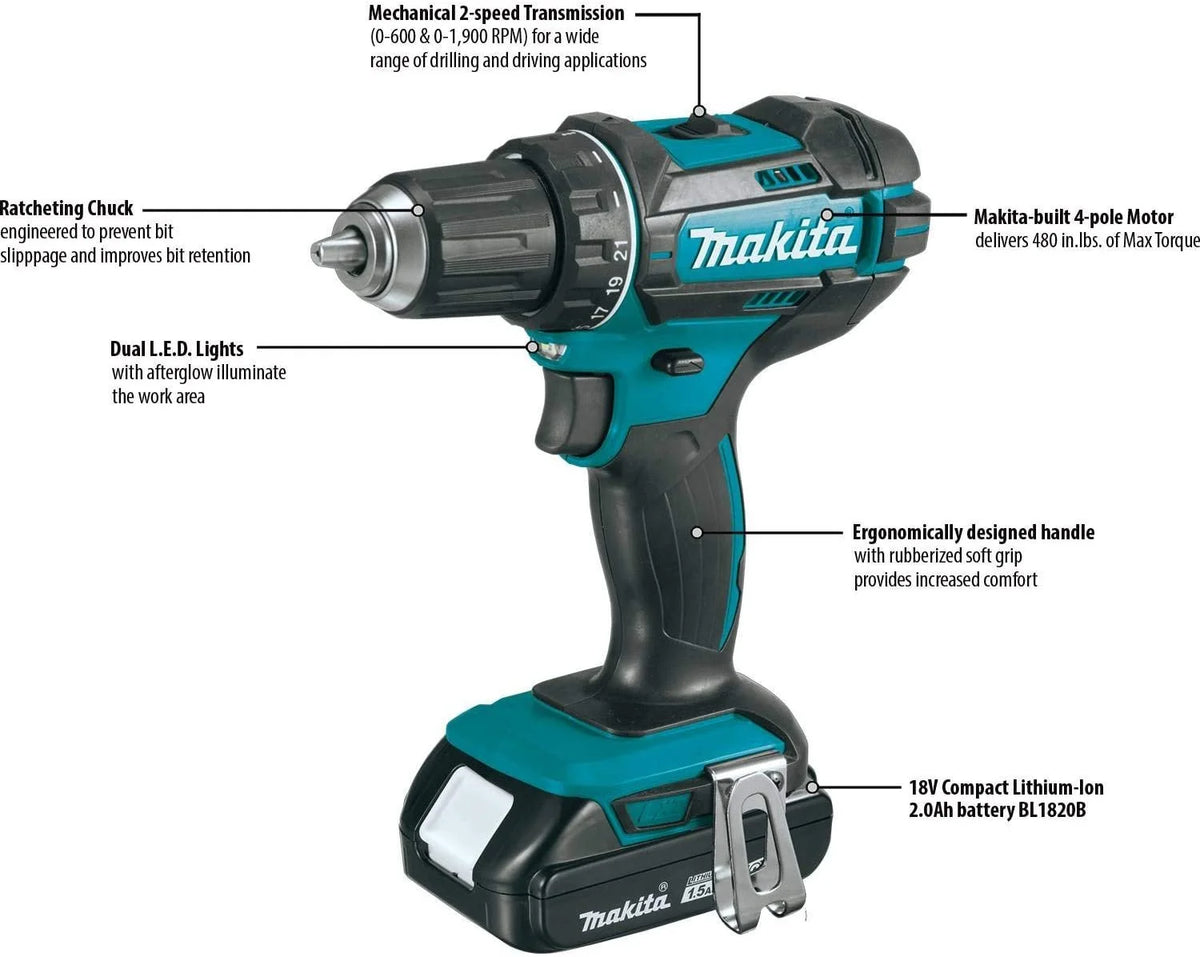 Makita 18V Lithium-Ion Cordless Power Tool Set, 1.5Ah, 2 Pack