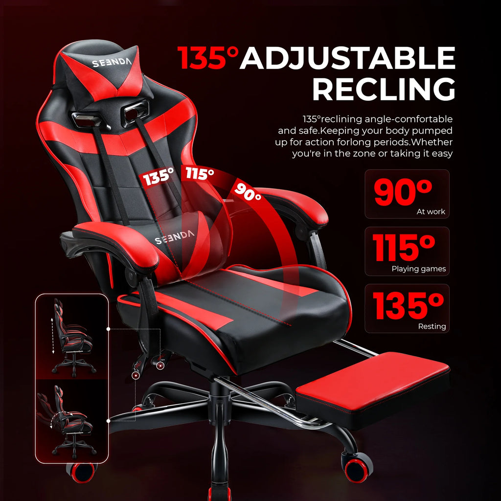 Gaming Chair, Seenda Video Game Chair with Footrest and Lumbar Support, Ergonomic Computer Chair Height Adjustable with Swivel Seat and Headrest, Red