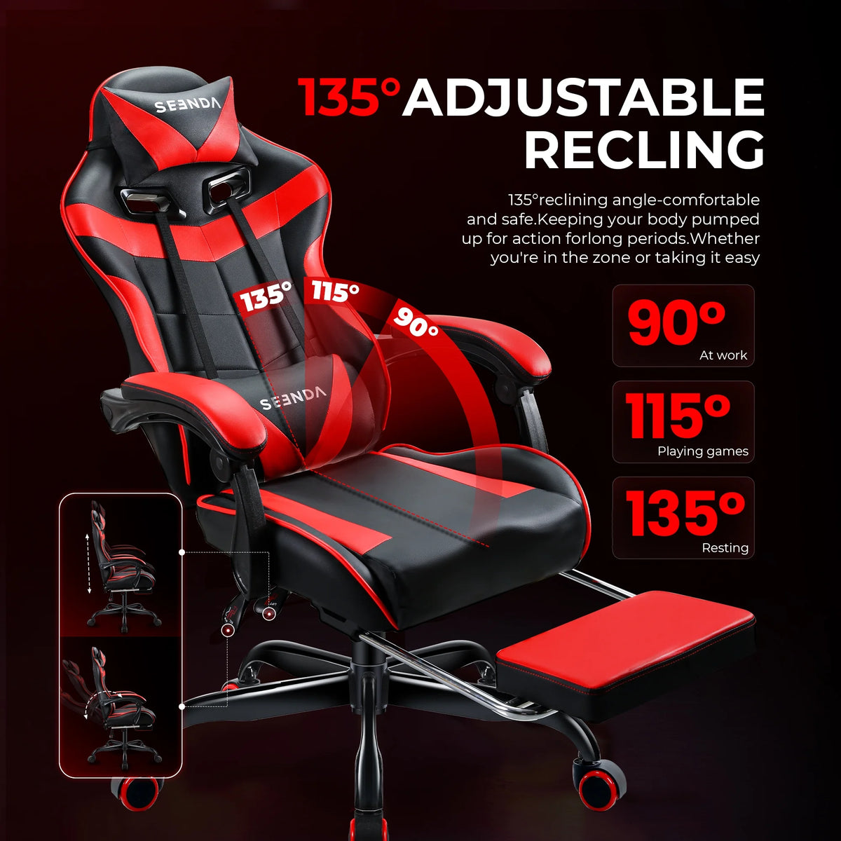 Gaming Chair, Seenda Video Game Chair with Footrest and Lumbar Support, Ergonomic Computer Chair Height Adjustable with Swivel Seat and Headrest, Red