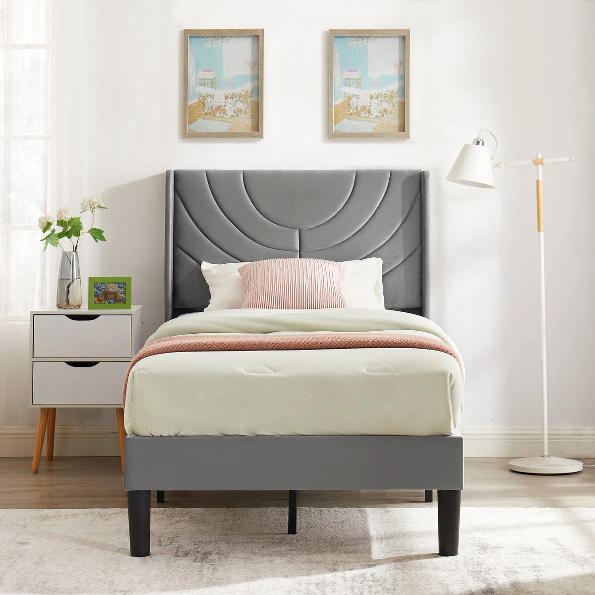 VECELO Set of 2 Twin Bed Frames, Modern Upholstered Platform Bed Frame with Tufted Headboard, No Box Spring Needed, Dark Green