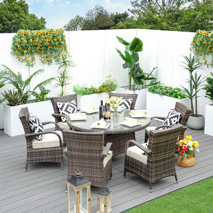 Direct Wicker 7 Piece Patio Dining Set with Rattan Chairs and Cushions, Grey