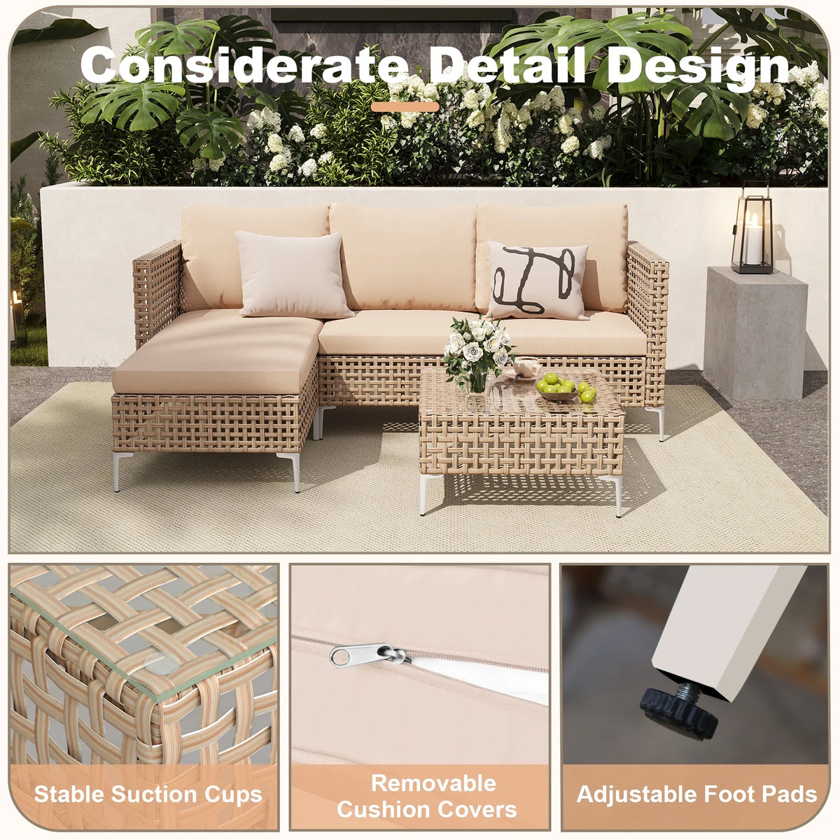 3 Piece Patio Furniture Set with Chaise Longue & Coffee Table, Outdoor Wicker Conversation Set for Patio, Porch, Backyard - All-Weather Yellow/Beige Cushions (Waterproof & Fade-Resistant)