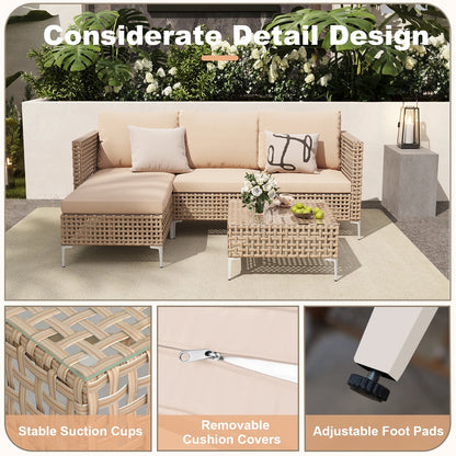 3 Piece Patio Furniture Set with Chaise Longue & Coffee Table, Outdoor Wicker Conversation Set for Patio, Porch, Backyard - All-Weather Yellow/Beige Cushions (Waterproof & Fade-Resistant)