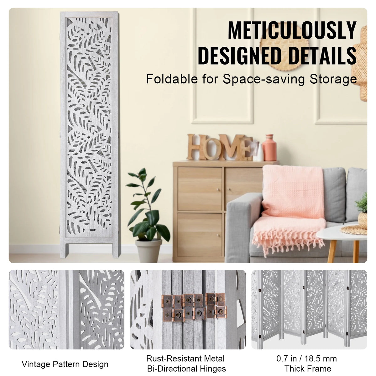 KFFKFF Wooden Space Separator, 6-Panel Foldable Privacy Barrier, 66.9 Inches High Indoor Engraved Partition Screen, Movable Decorative Panel, Ideal for Home, Office, Dining Area & Sleeping Quarters