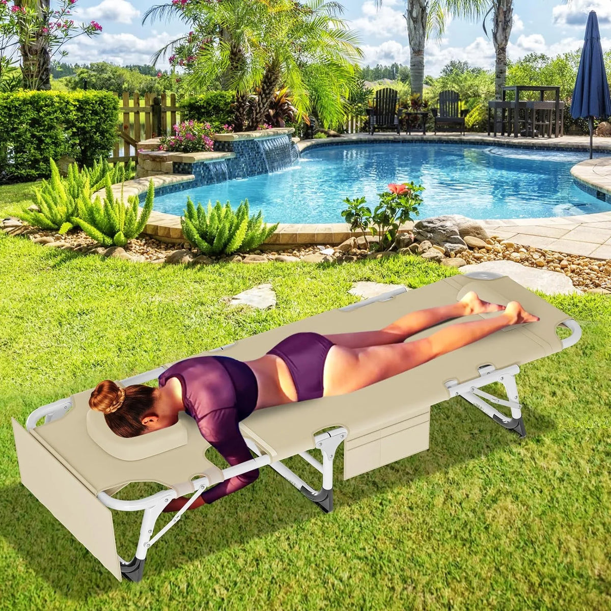 Slsy Folding Lounge Chair, 5-Position Adjustable Outdoor Reclining Chair, Folding Sleeping Bed Cot, Folding Chaise Lounge Chair for Pool Beach Patio Sunbathing