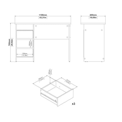Tvilum Wes Writing Desk with 3 Storage Drawers and Open Shelf for Adults, White