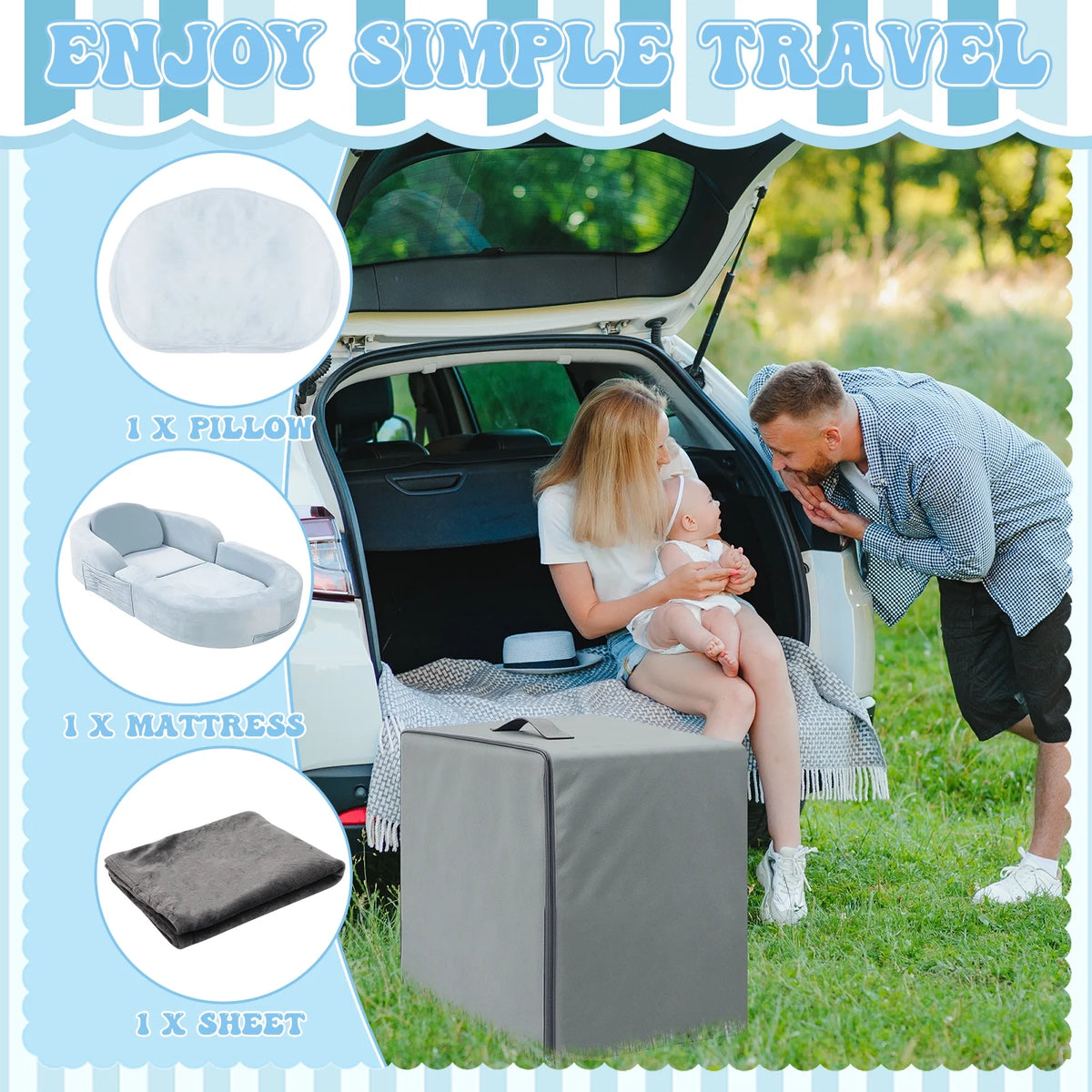 Coumy Toddler Travel Bed 2-in-1 Kids Sofa Chair with Removable Cover, Soft Foam Portable Foldable Toddler Bed for Travel with Carrying Bag, Blue