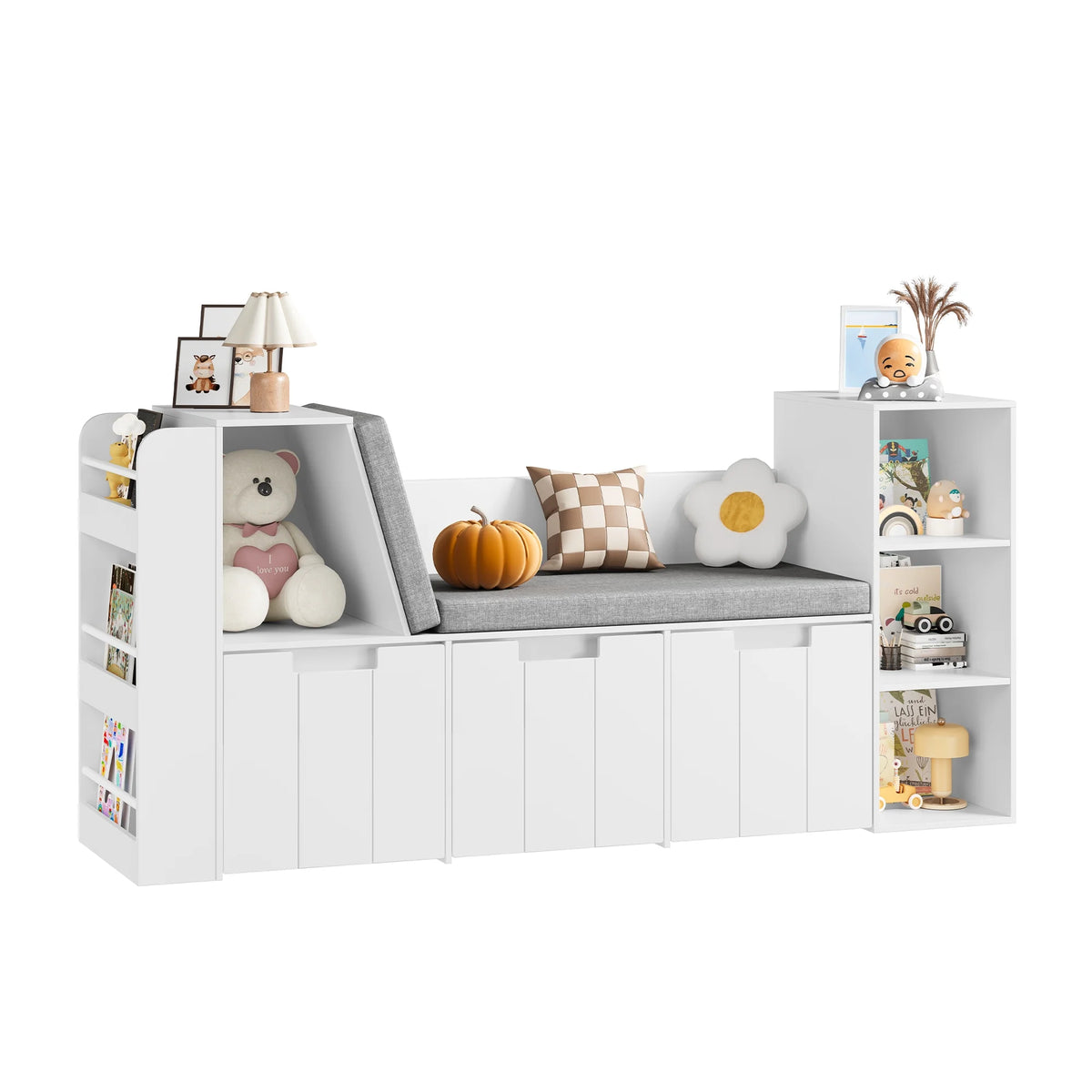 Homfa 4-in-1 Kids Toy Storage Cabinet, Bookshelf with 3 Drawers, Sturdy Toy Organizer with Reading Nook for Kids Room Playroom, Gray