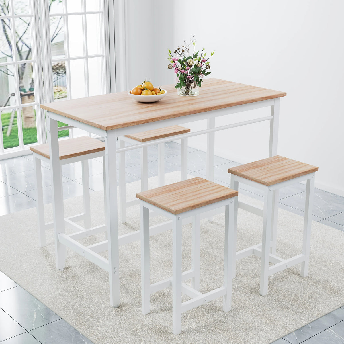 Counter Height Table Set of 5, Breakfast Bar Table and Stool Set, Minimalist Dining Table with Backless Stools, Wood Top Pub Table & Chair Set for Kitchen Apartment Bistro - Space Saving