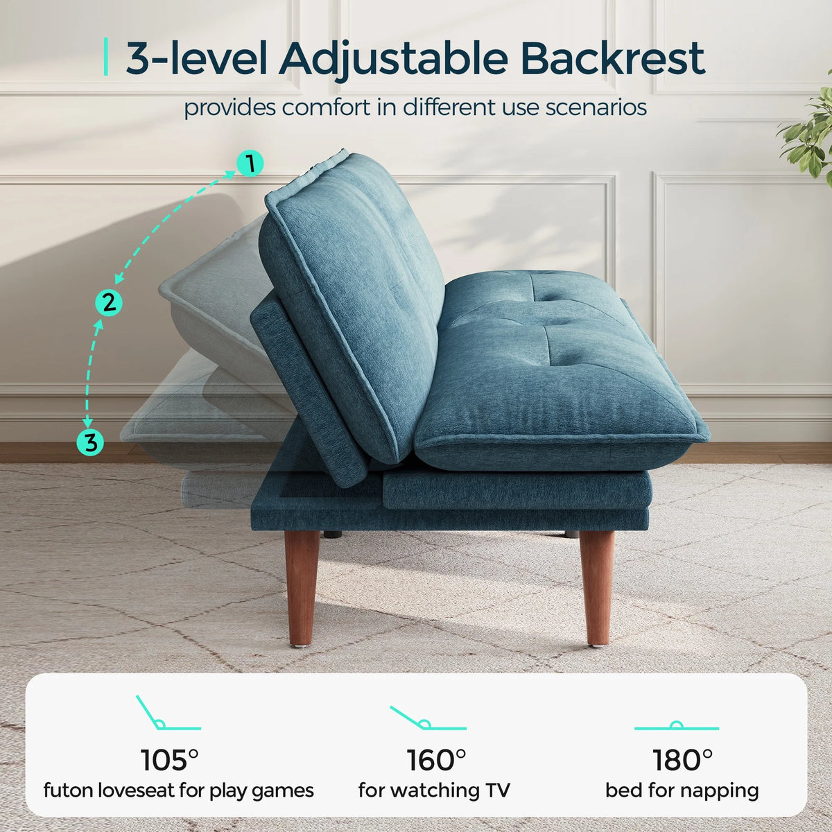 Linsy Home 70" W Chenille Convertible Futon Sofa Bed with Adjustable Armrests, Green