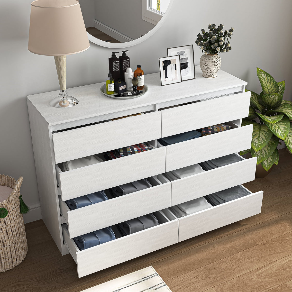 Resenkos Modern Mid Century 6 Drawer Wide Dressers Chests for Bedroom, Chest of Drawer Organizer Grey