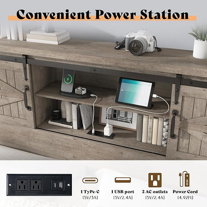 Merluxy Farmhouse Full Bed Frame with Storage Bookcase & Charging Station, Bedroom Furniture, Grey