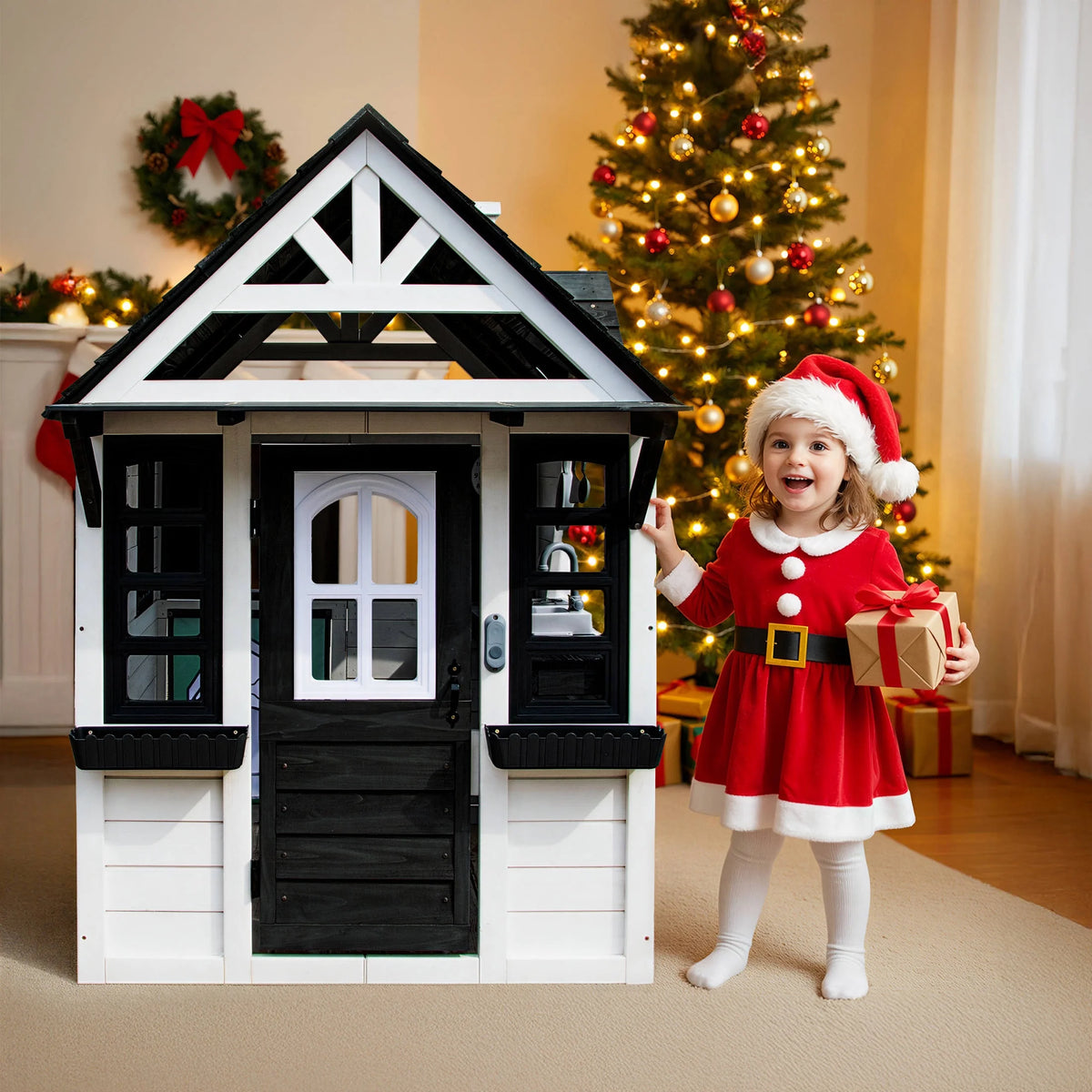 COCLUB Outdoor Playhouse for Kids Ages 4-8, Wooden Play House with Doorbell, Phone, Kitchen Toys, Outdoor Kids Play Equipment, Casa Para Ni?as (45��L x 65��H), White & Black