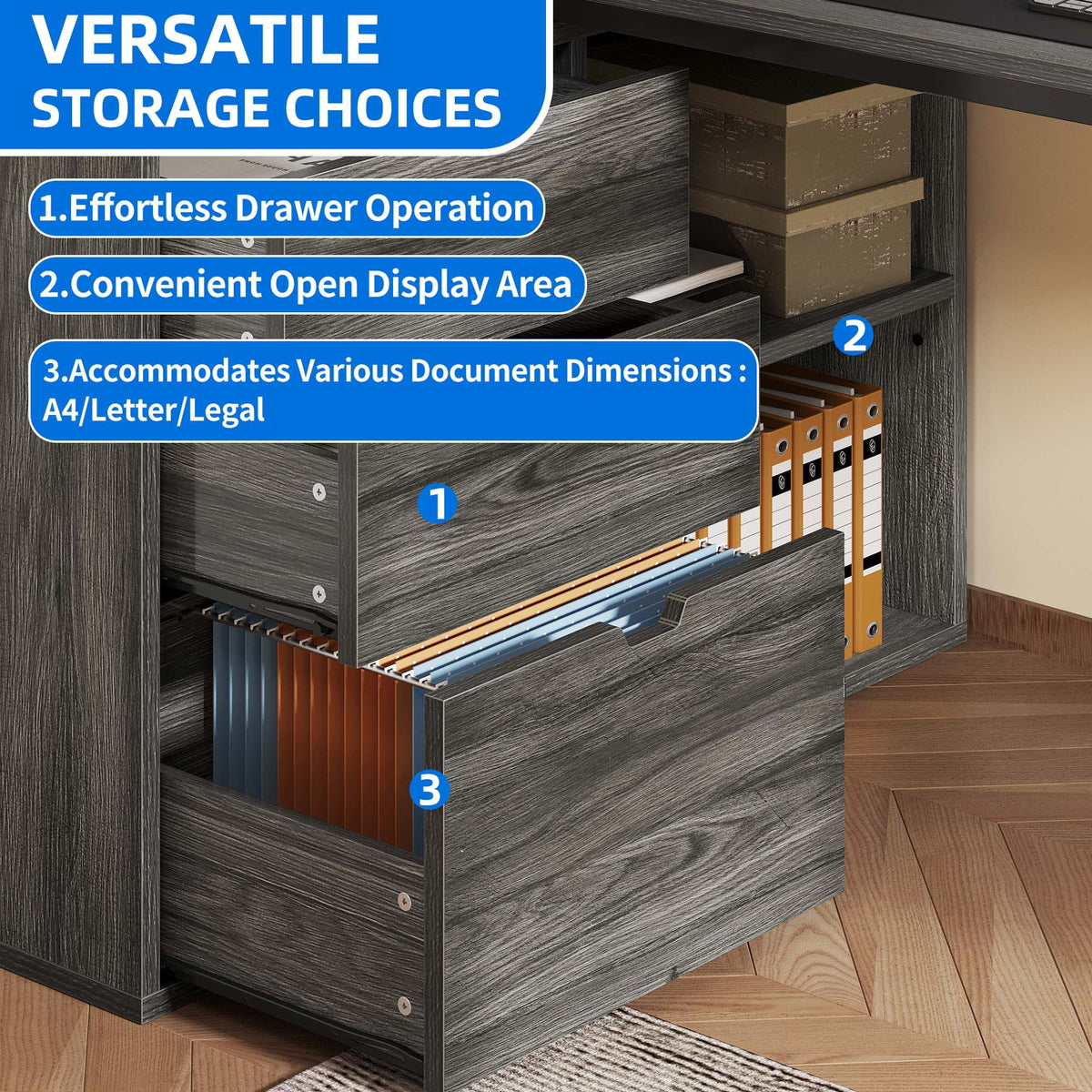 Dextrus L Shaped Desk with Power Outlets & LED Lights, Computer Desk with 3 Drawers and 3 Storage Shelves, White Office Desk Corner Desk for Home Office
