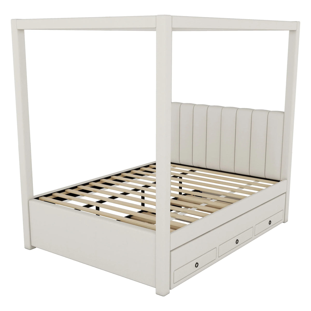 EUROCO Upholstered Full Size Canopy Bed Frame with Trundle Bed and 3 Drawers, Platform Bed with Headboard for Kids Teens Adults, Beige