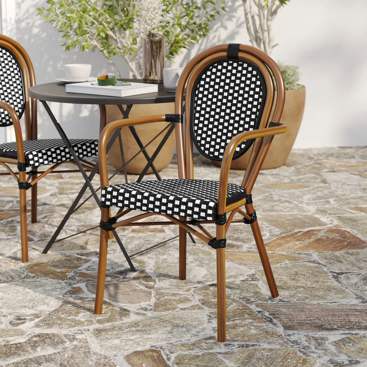 Merrick Lane Stacking Thonet French Bistro Style Chair with Arms, Black & White PE Rattan Seat, and Bamboo Finished Metal Frame for Indoor/Outdoor Use