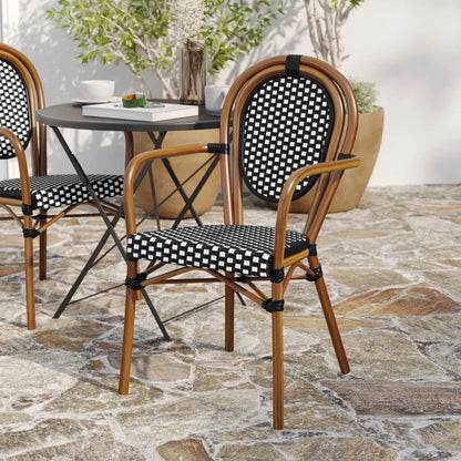 Merrick Lane Stacking Thonet French Bistro Style Chair with Arms, Black & White PE Rattan Seat, and Bamboo Finished Metal Frame for Indoor/Outdoor Use